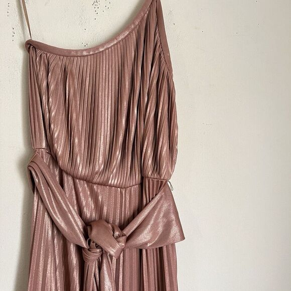 Halston Heritage Pleated Lamé Metallic One-Shoulder Maxi Dress 8 Belted Gown - Picture 4 of 9